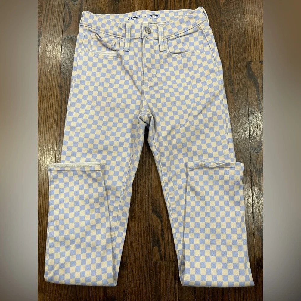 Old Navy girls Blue and Cream Checkered rockstar Jeggings size 14